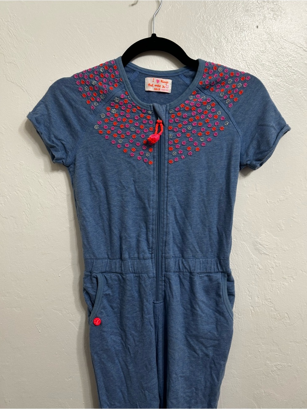 Girls' Blue Romper One-Piece with Pink Embroidery